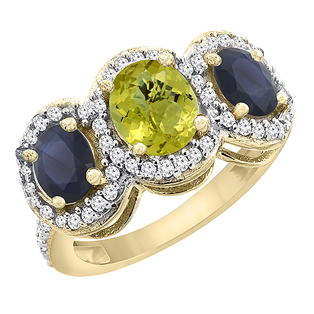 14K Yellow Gold Diamond Natural Lemon Quartz 7x5mm &amp; 6x4mm Quality Blue Sapphire Oval 3-stone Ring,sz5-10