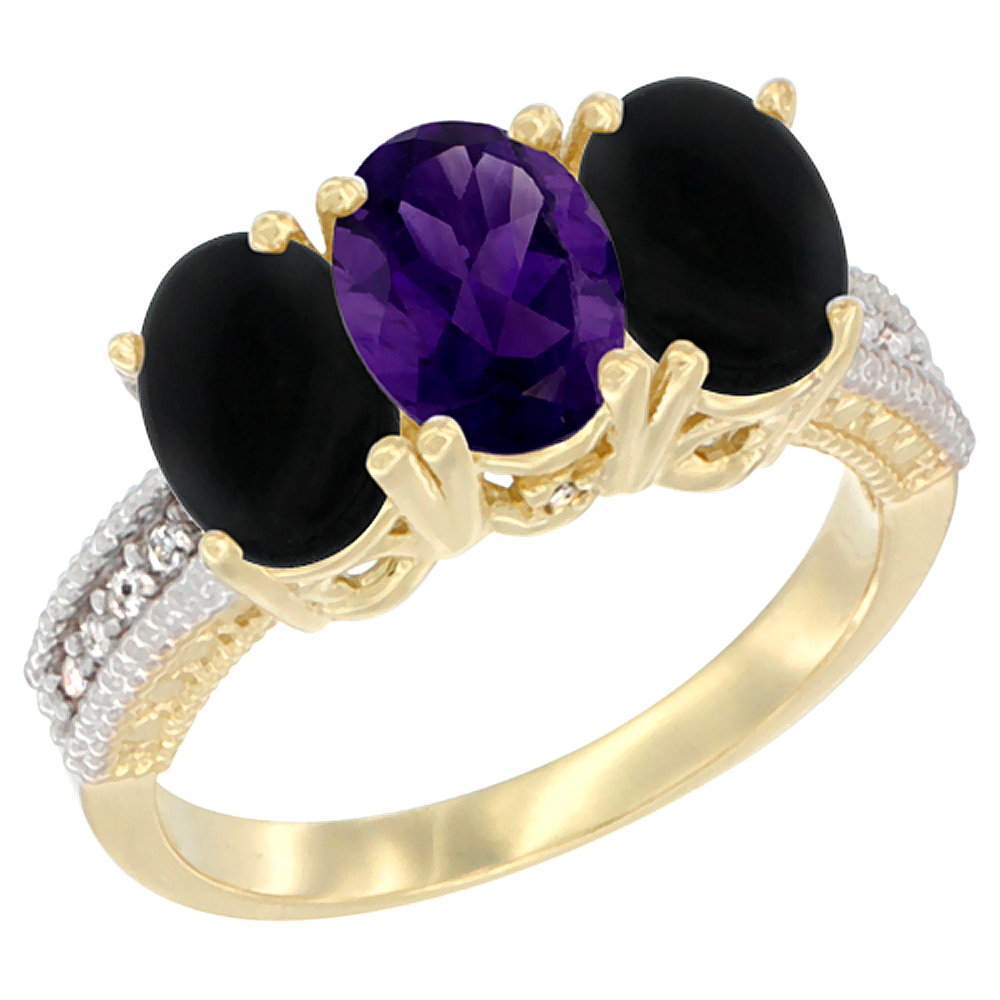 10K Yellow Gold Diamond Natural Amethyst & Black Onyx Ring 3-Stone 7x5 mm Oval, sizes 5 - 10