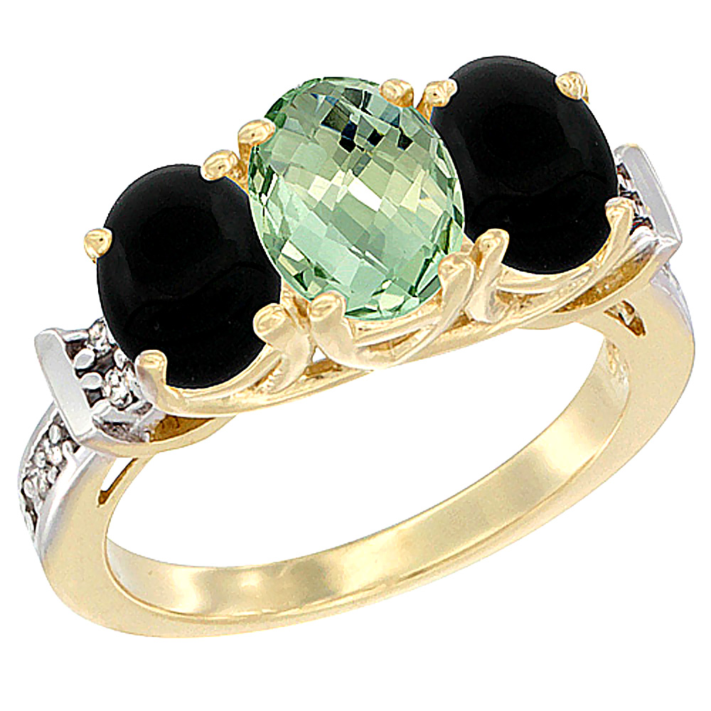 14K Yellow Gold Natural Green Amethyst &amp; Black Onyx Sides Ring 3-Stone Oval Diamond Accent, sizes 5 - 10
