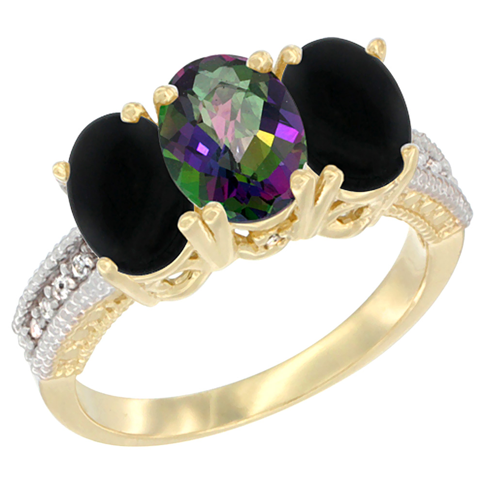 14K Yellow Gold Natural Mystic Topaz &amp; Black Onyx Sides Ring 3-Stone 7x5 mm Oval Diamond Accent, sizes 5 - 10