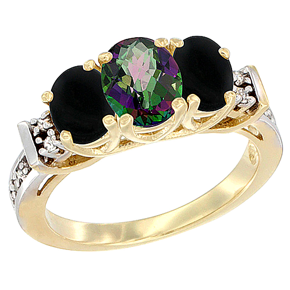 14K Yellow Gold Natural Mystic Topaz & Black Onyx Ring 3-Stone Oval Diamond Accent