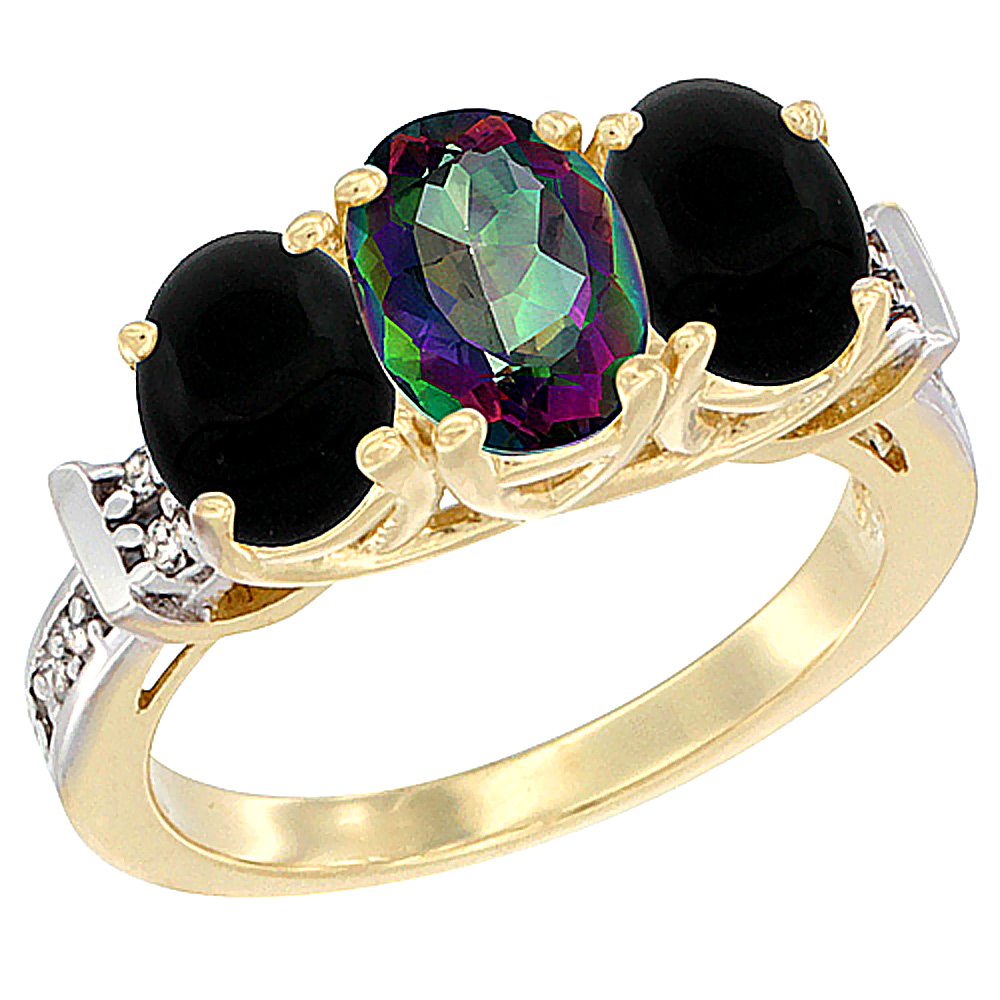14K Yellow Gold Natural Mystic Topaz & Black Onyx Sides Ring 3-Stone Oval Diamond Accent, sizes 5 - 10