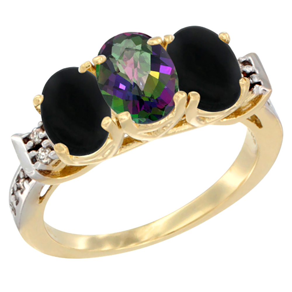 14K Yellow Gold Natural Mystic Topaz & Black Onyx Sides Ring 3-Stone Oval 7x5 mm Diamond Accent, sizes 5 - 10