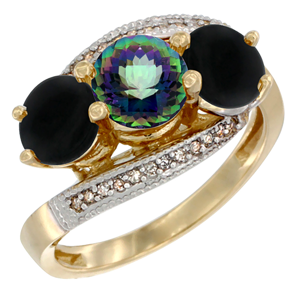 14K Yellow Gold Natural Mystic Topaz & Black Onyx Sides 3 stone Ring Round 6mm Diamond Accent, sizes 5 - 10