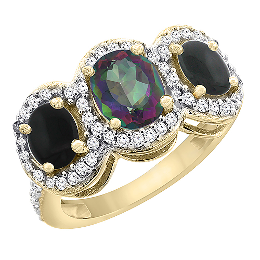 14K Yellow Gold Natural Mystic Topaz & Black Onyx 3-Stone Ring Oval Diamond Accent, sizes 5 - 10