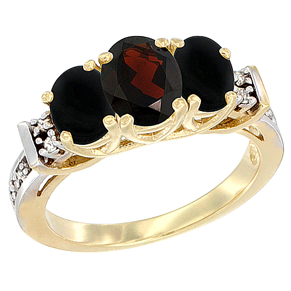 14K Yellow Gold Natural Garnet &amp; Black Onyx Ring 3-Stone Oval Diamond Accent