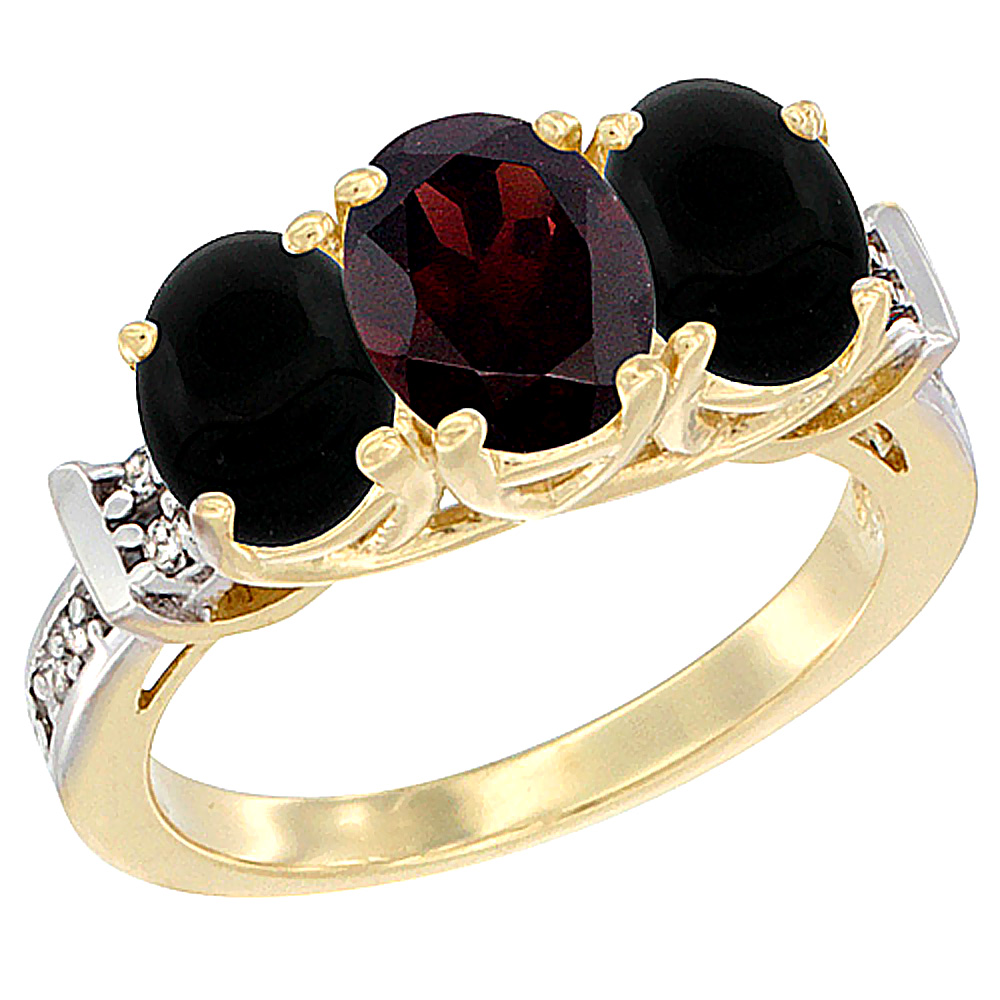 14K Yellow Gold Natural Garnet &amp; Black Onyx Sides Ring 3-Stone Oval Diamond Accent, sizes 5 - 10