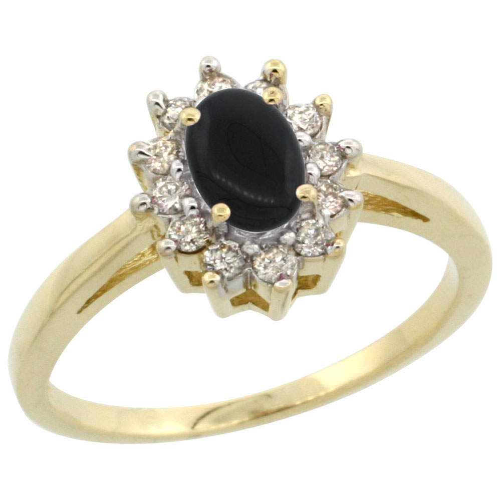 14K Yellow Gold Natural Black Onyx Flower Diamond Halo Ring Oval 6x4 mm, sizes 5 10