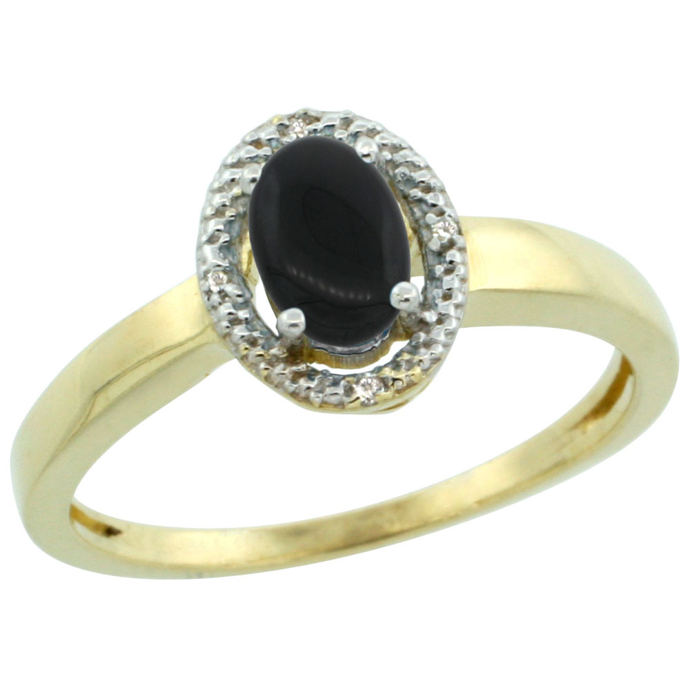 10K Yellow Gold Diamond Halo Natural Black Onyx Engagement Ring Oval 6X4 mm, sizes 5-10
