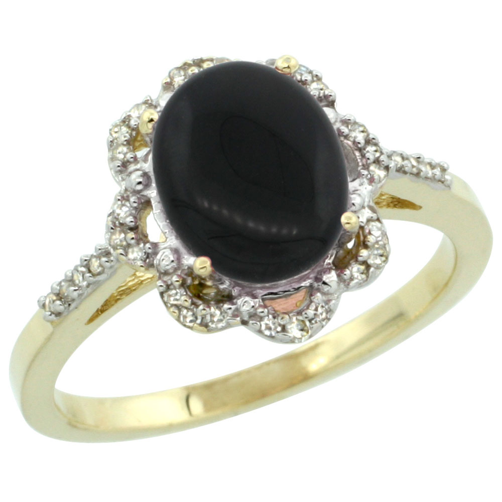 10K Yellow Gold Diamond Halo Natural Black Onyx Engagement Ring Oval 9x7mm, sizes 5-10