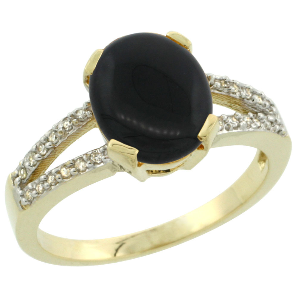 10K Yellow Gold Diamond Natural Black Onyx Engagement Ring Oval 10x8mm, sizes 5-10