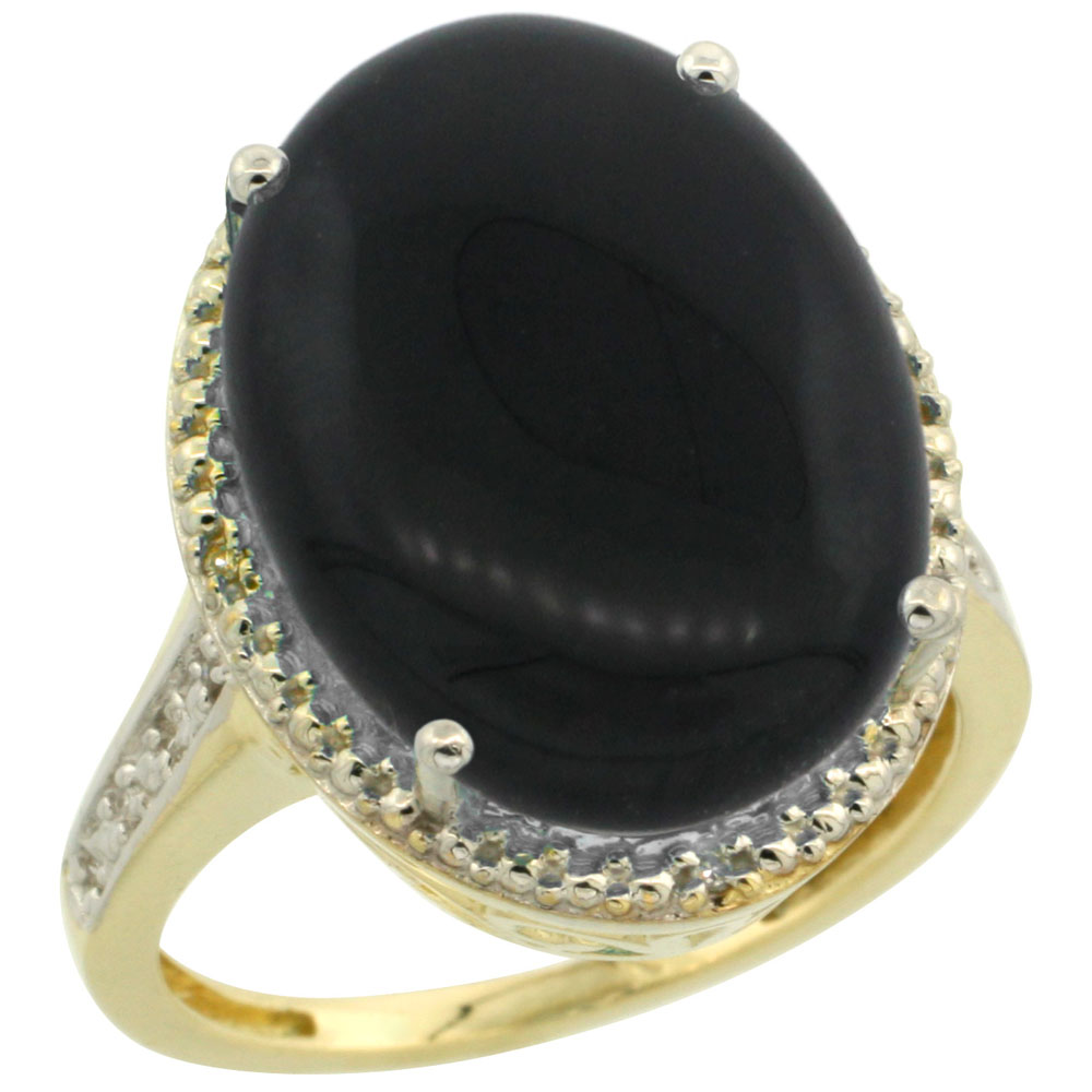 10K Yellow Gold Diamond Natural Black Onyx Ring Oval 18x13mm, sizes 5-10