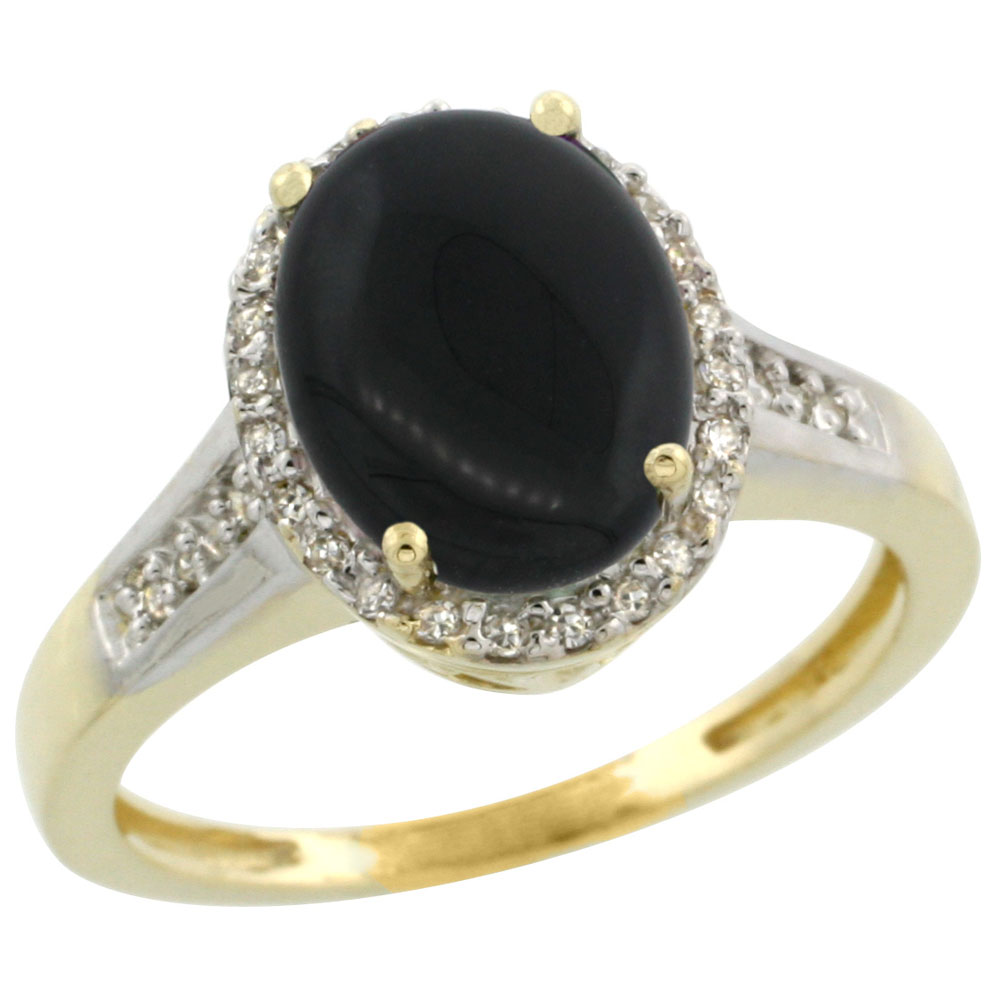 14K Yellow Gold Diamond Natural Black Onyx Engagement Ring Oval 10x8mm, sizes 5-10