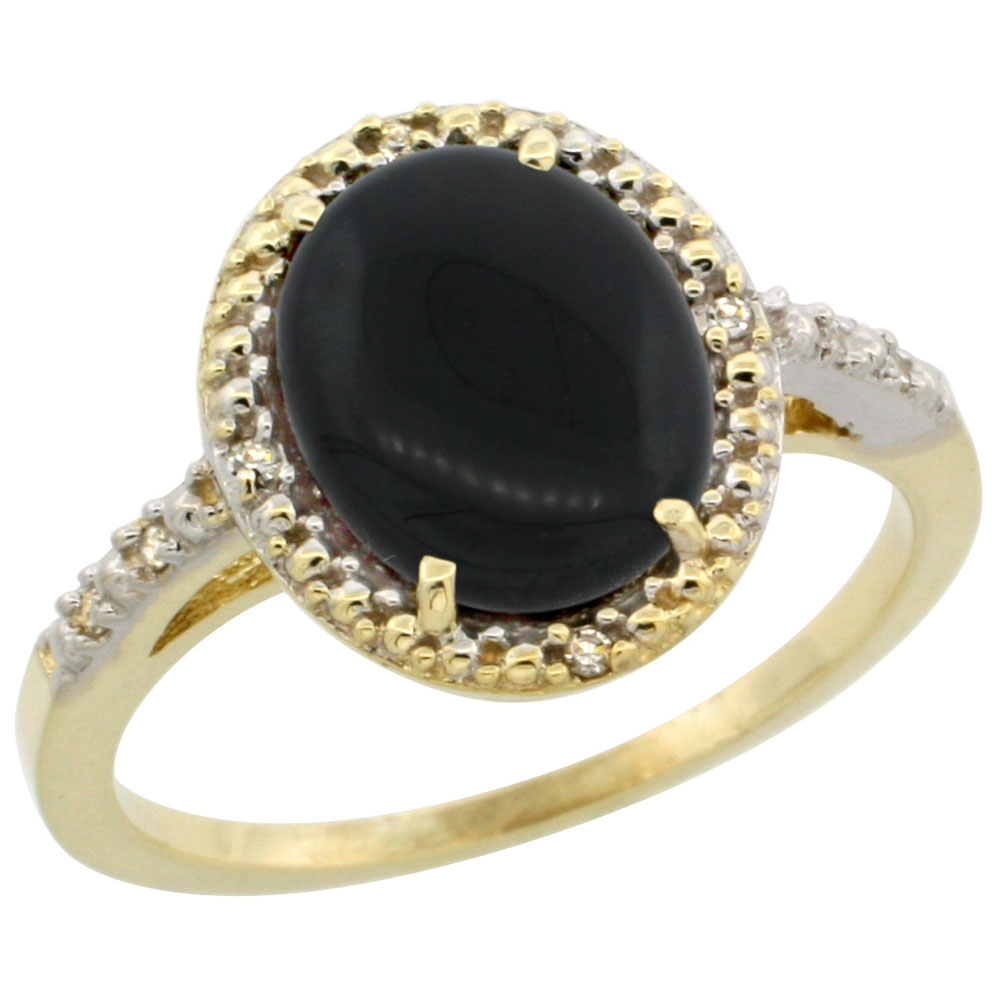 14K Yellow Gold Diamond Natural Black Onyx Engagement Ring Oval 10x8mm, sizes 5-10