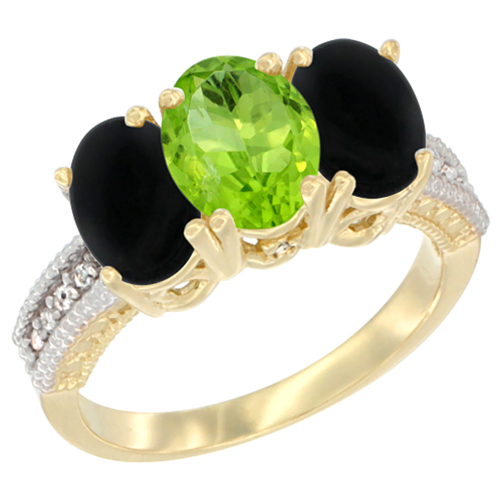 14K Yellow Gold Natural Peridot & Black Onyx Sides Ring 3-Stone 7x5 mm Oval Diamond Accent, sizes 5 - 10