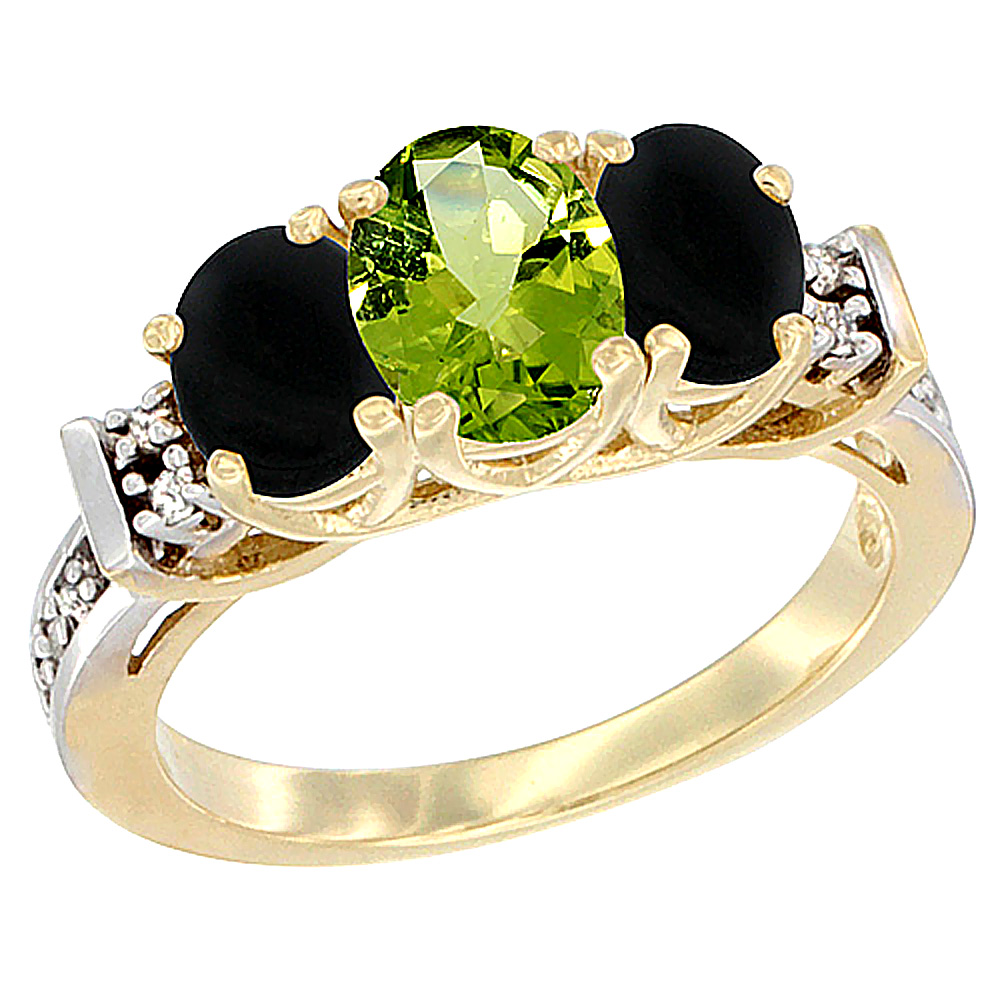 14K Yellow Gold Natural Peridot & Black Onyx Ring 3-Stone Oval Diamond Accent