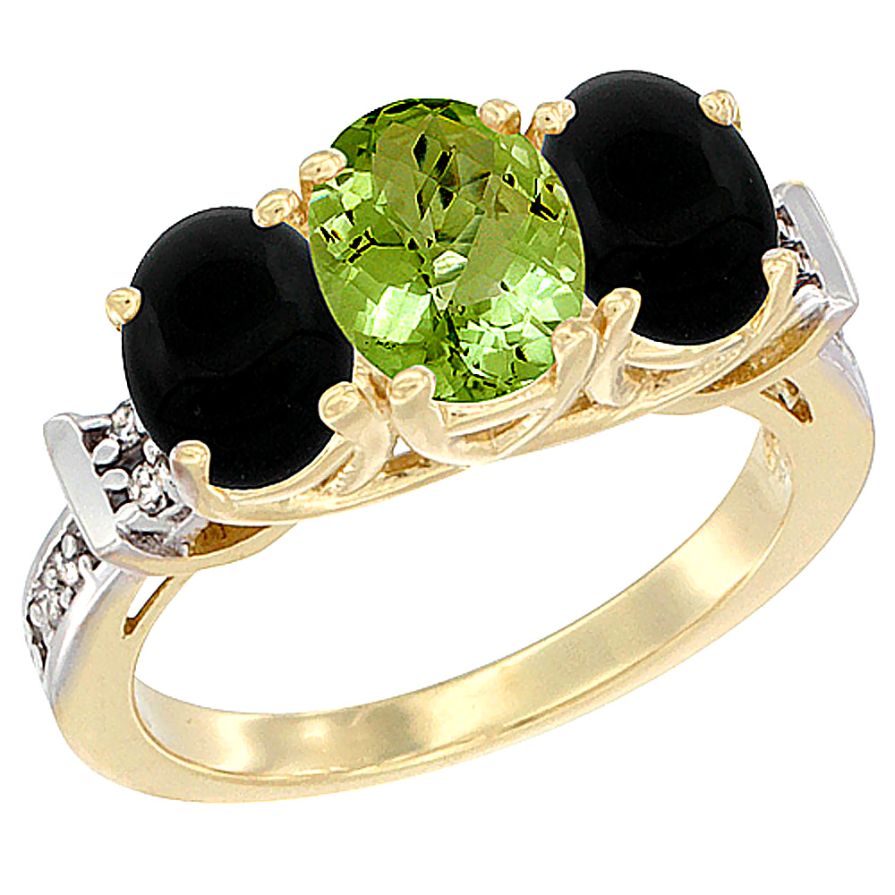 14K Yellow Gold Natural Peridot & Black Onyx Sides Ring 3-Stone Oval Diamond Accent, sizes 5 - 10