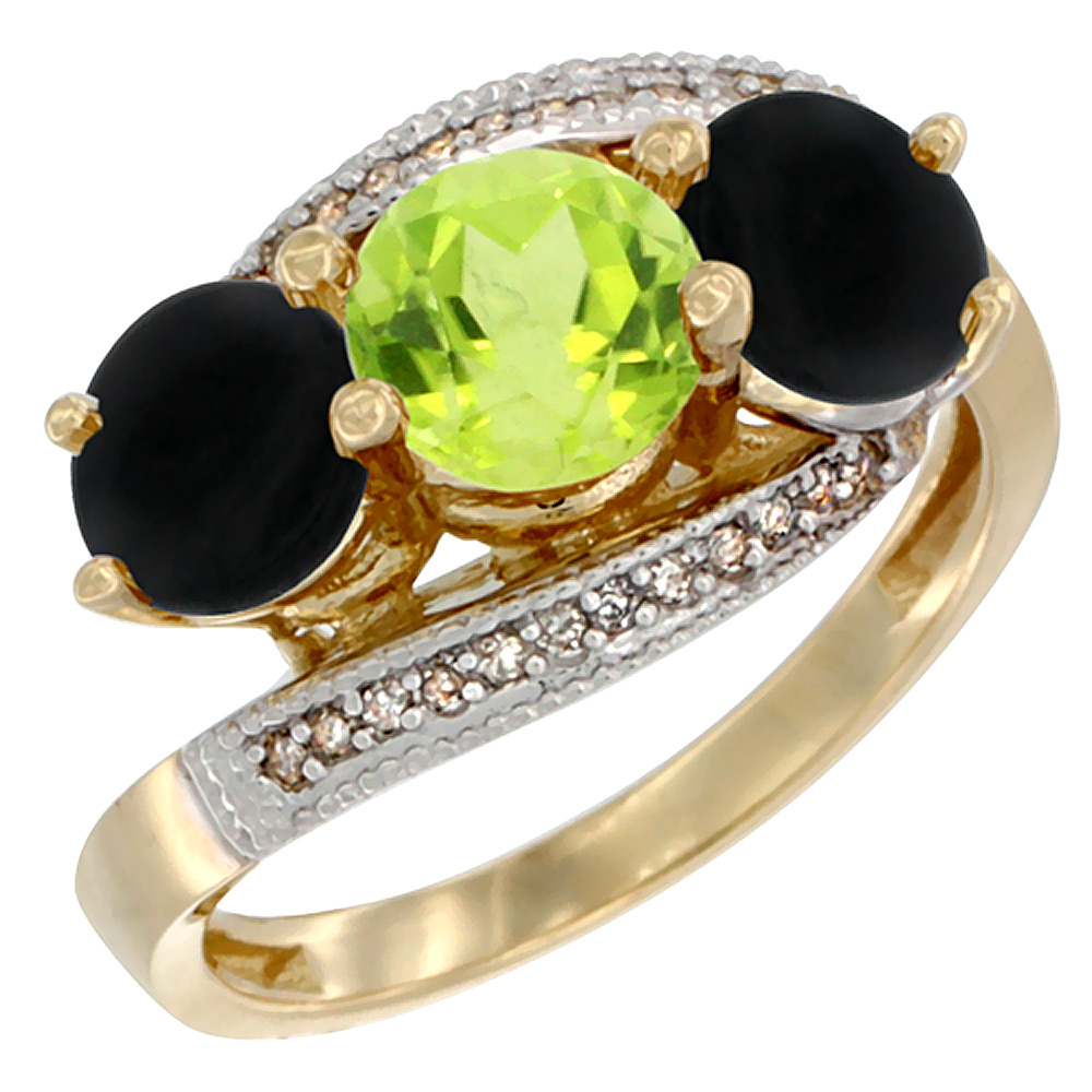 14K Yellow Gold Natural Peridot & Black Onyx Sides 3 stone Ring Round 6mm Diamond Accent, sizes 5 - 10