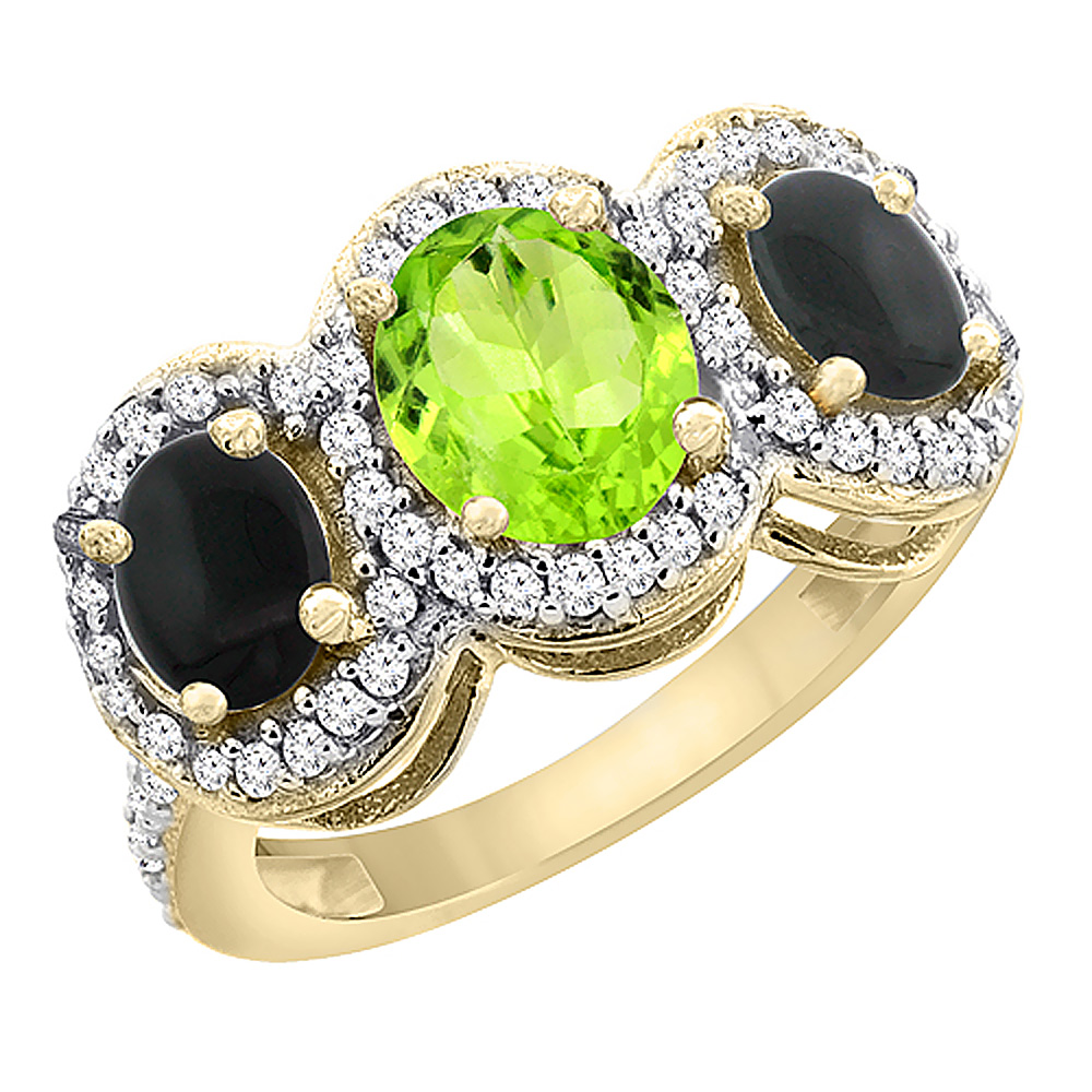 14K Yellow Gold Natural Peridot & Black Onyx 3-Stone Ring Oval Diamond Accent, sizes 5 - 10