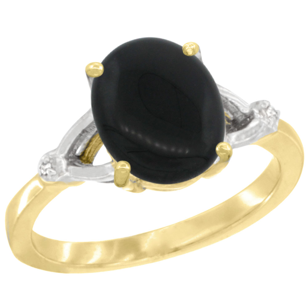 10K Yellow Gold Diamond Natural Black Onyx Engagement Ring Oval 10x8mm, sizes 5-10