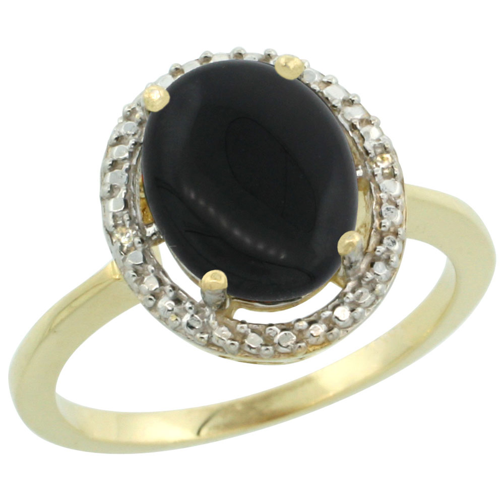 14K Yellow Gold Diamond Natural Black Onyx Engagement Ring Oval 10x8mm, sizes 5-10