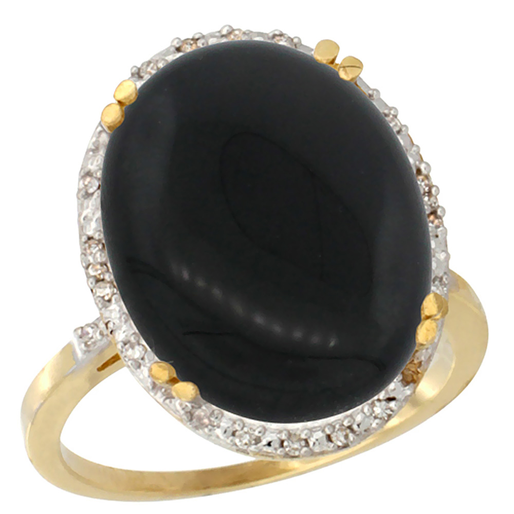 10k Yellow Gold Natural Black Onyx Ring Large Oval 18x13mm Diamond Halo, sizes 5-10