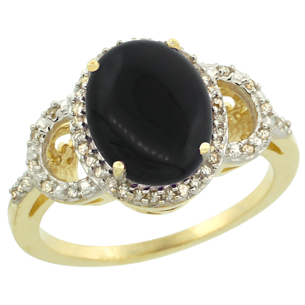 14K Yellow Gold Diamond Natural Black Onyx Engagement Ring Oval 10x8mm, sizes 5-10