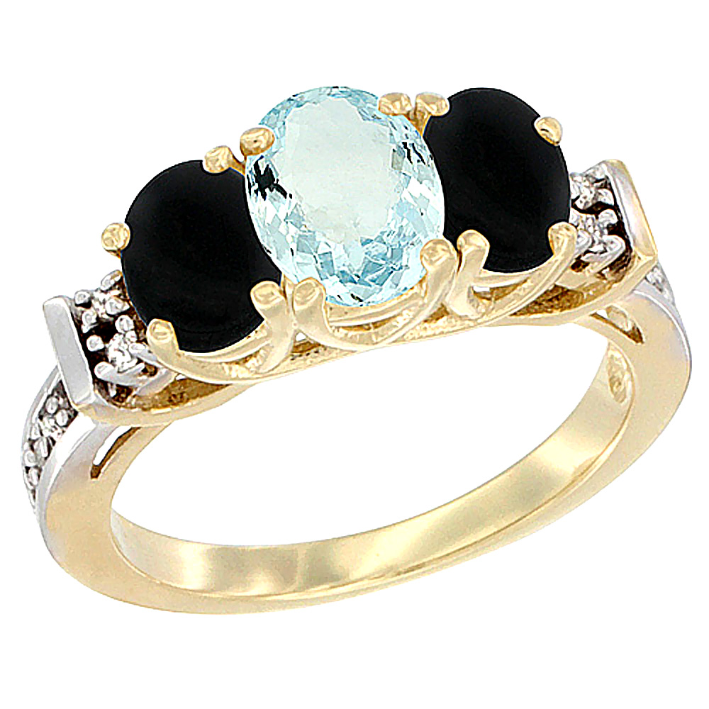 14K Yellow Gold Natural Aquamarine &amp; Black Onyx Ring 3-Stone Oval Diamond Accent