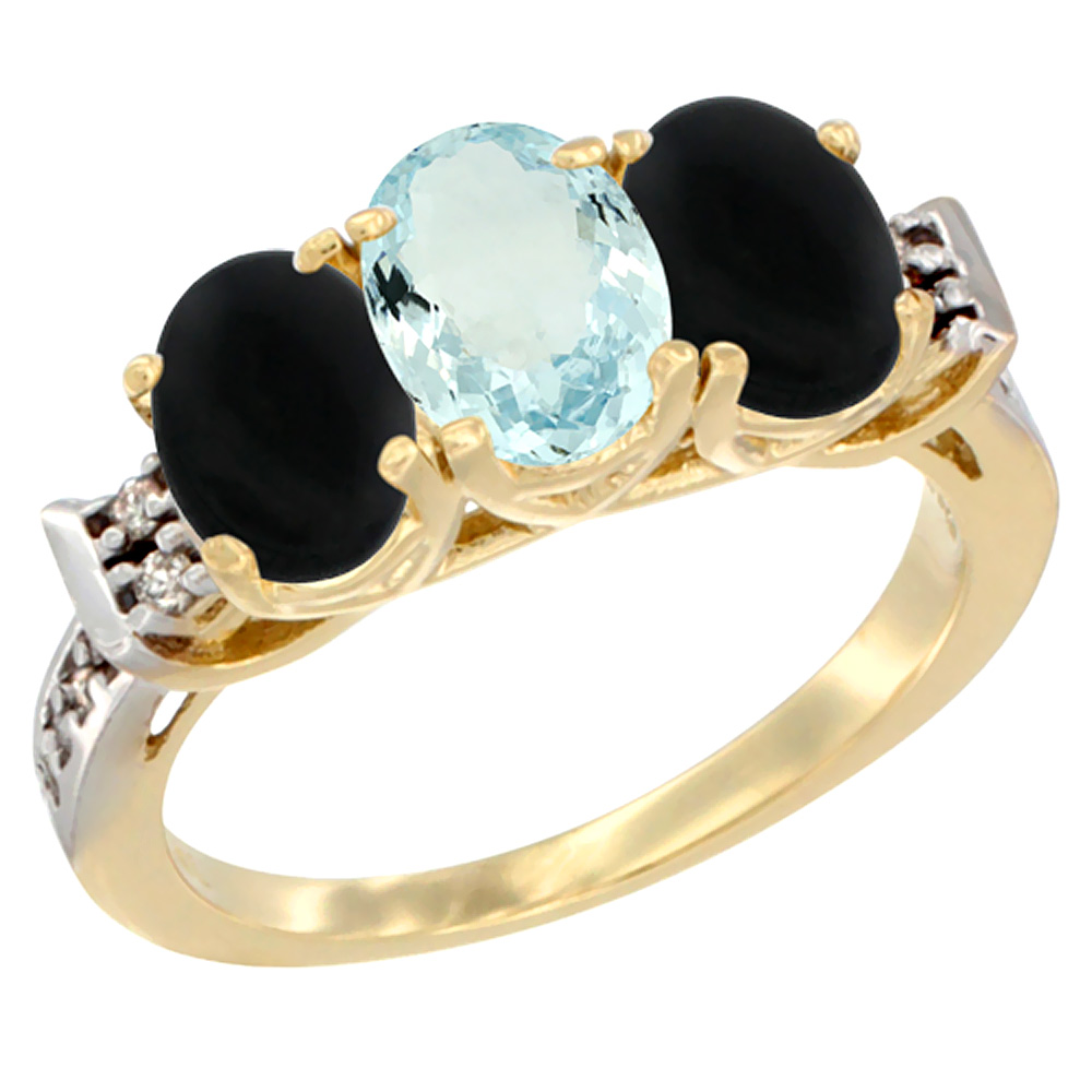 14K Yellow Gold Natural Aquamarine &amp; Black Onyx Sides Ring 3-Stone Oval 7x5 mm Diamond Accent, sizes 5 - 10