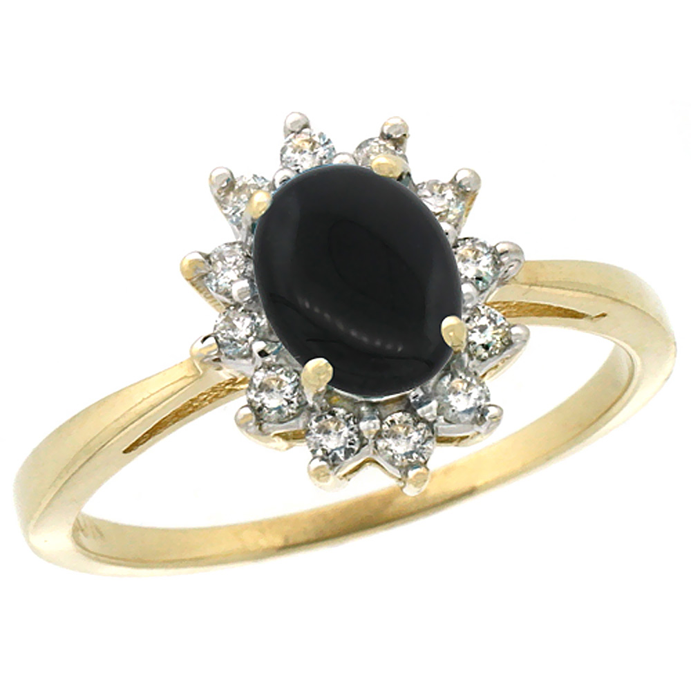 14K Yellow Gold Natural Black Onyx Engagement Ring Oval 7x5mm Diamond Halo, sizes 5-10