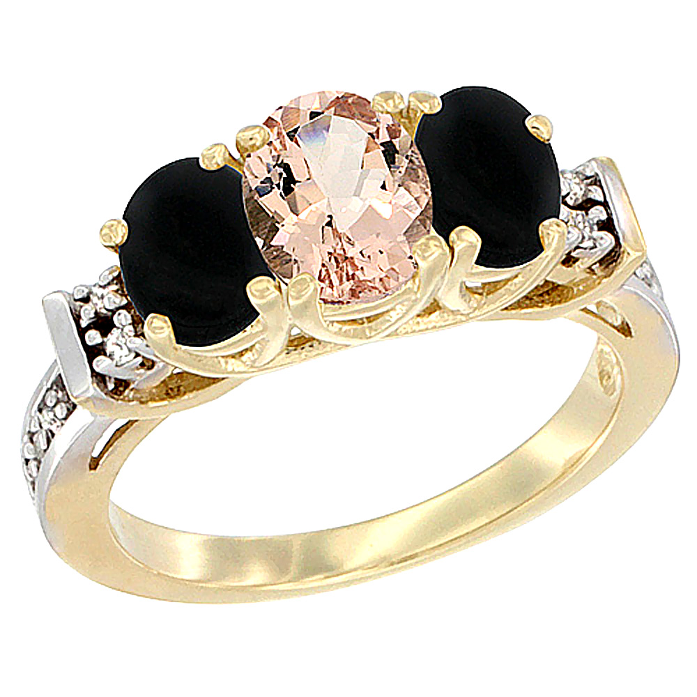 14K Yellow Gold Natural Morganite & Black Onyx Ring 3-Stone Oval Diamond Accent