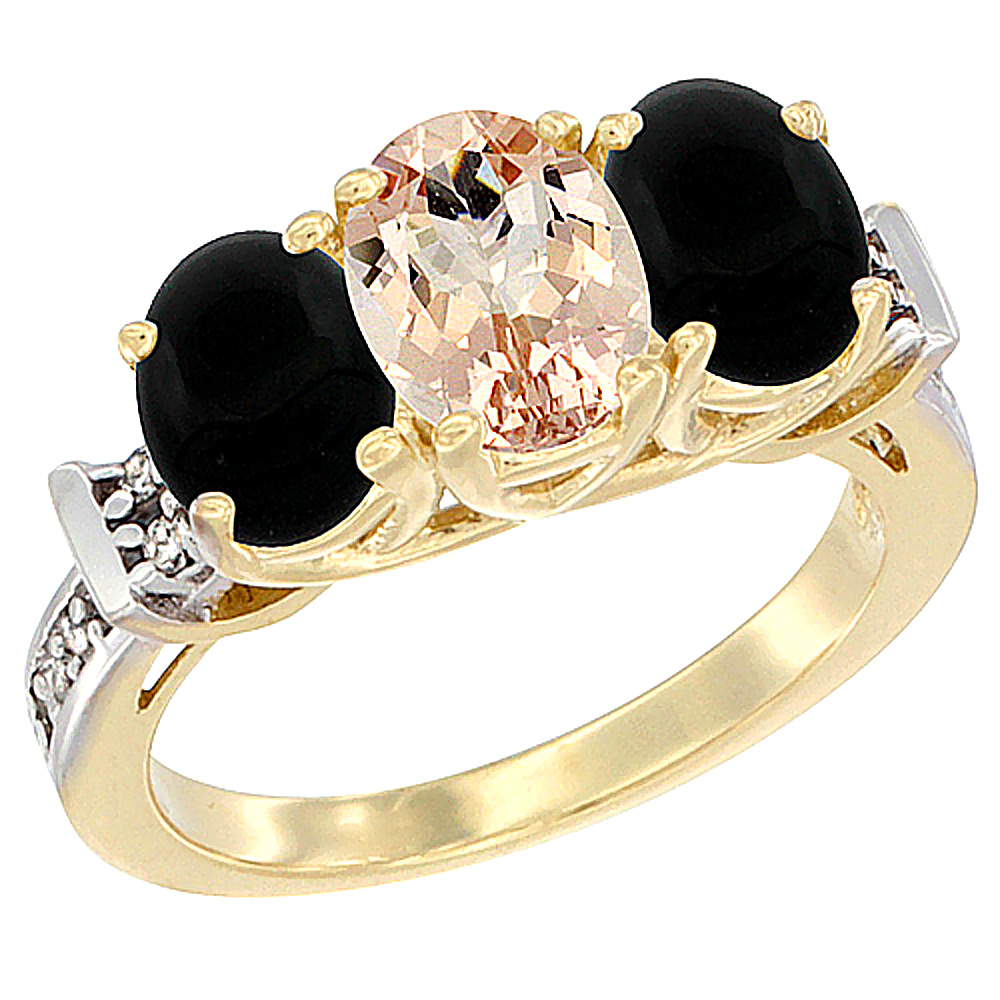 14K Yellow Gold Natural Morganite & Black Onyx Sides Ring 3-Stone Oval Diamond Accent, sizes 5 - 10