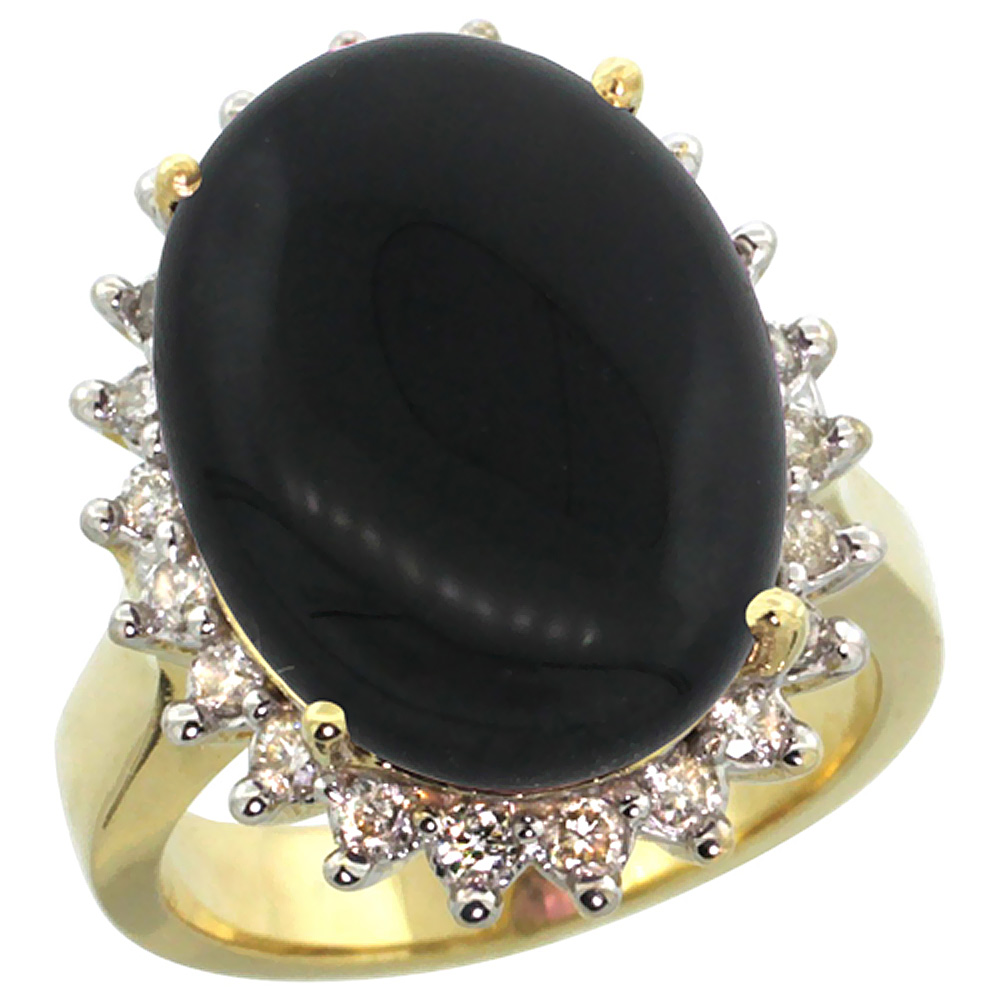 14k Yellow Gold Diamond Halo Natural Black Onyx Ring Large Oval 18x13mm, sizes 5-10