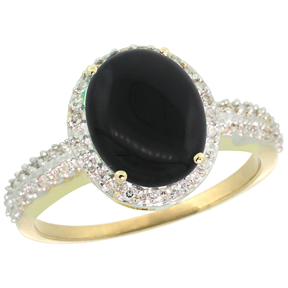 14K Yellow Gold Diamond Natural Black Onyx Engagement Ring Oval 10x8mm, sizes 5-10