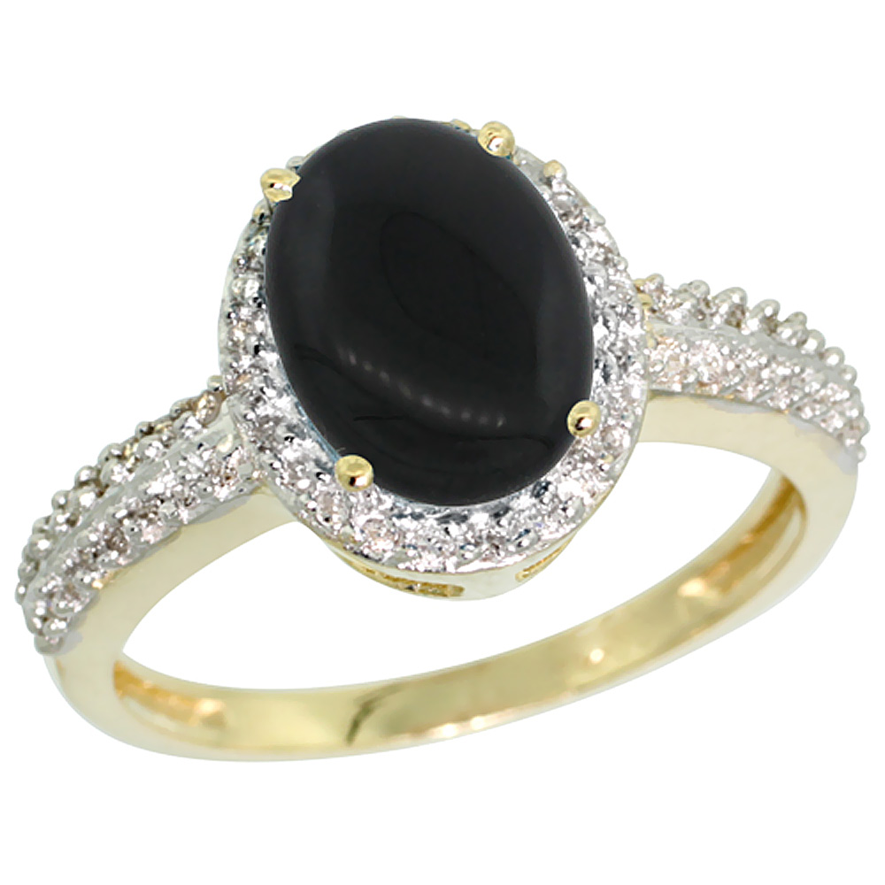 14K Yellow Gold Diamond Natural Black Onyx Ring Oval 9x7mm, sizes 5-10