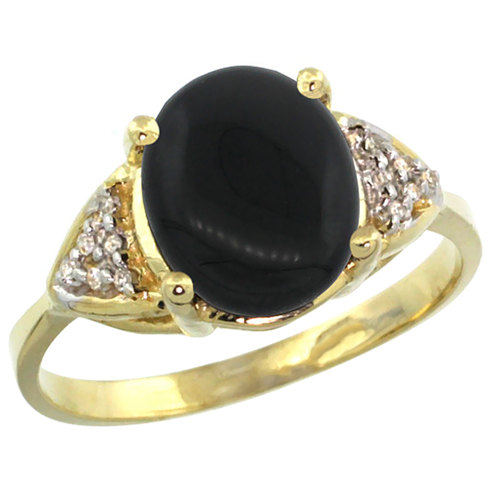 14k Yellow Gold Diamond Natural Black Onyx Engagement Ring Oval 10x8mm, sizes 5-10