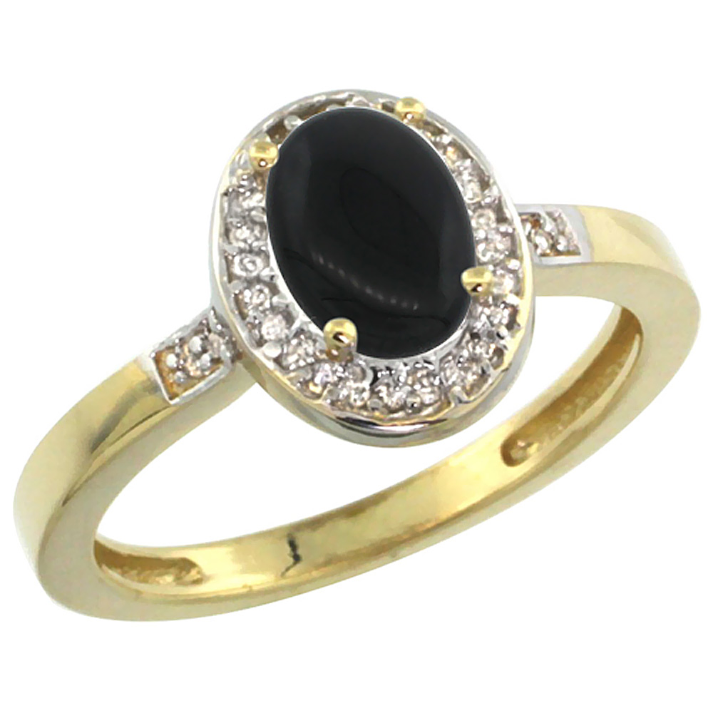 14K Yellow Gold Diamond Natural Black Onyx Engagement Ring Oval 7x5mm, sizes 5-10