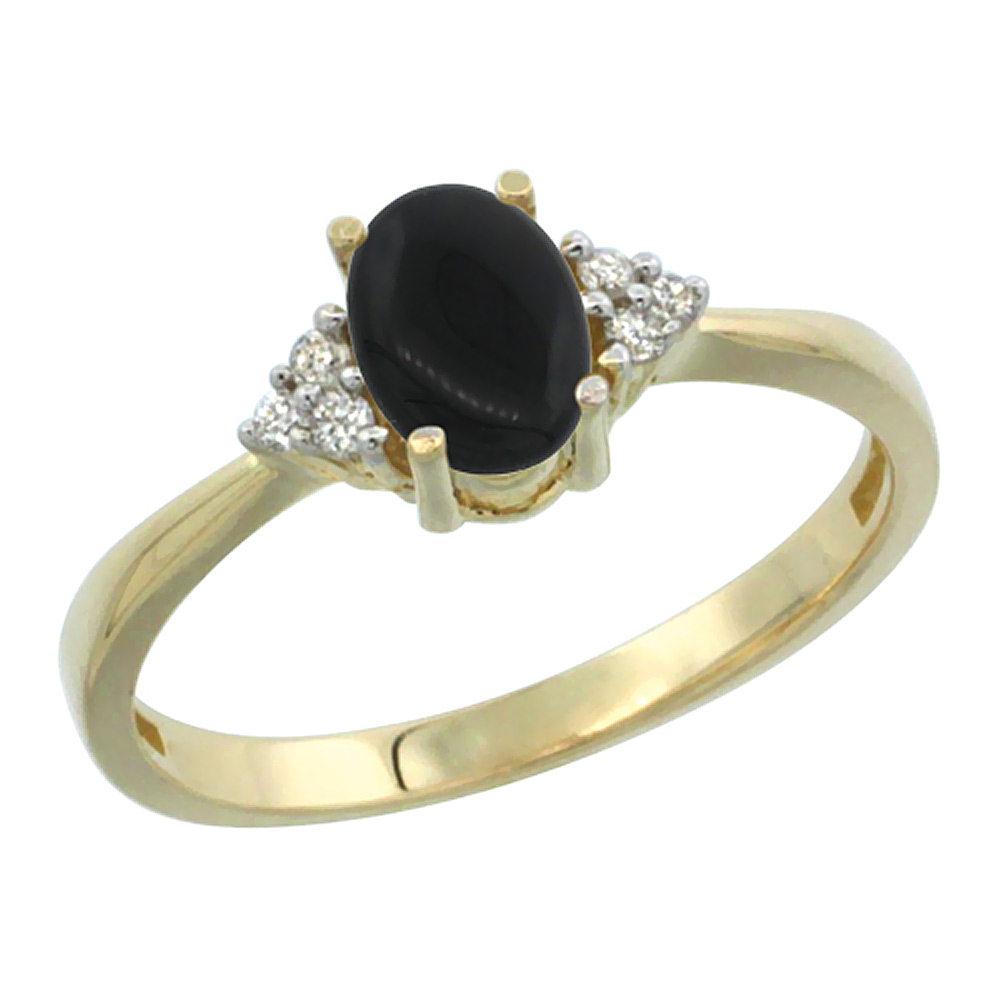 14K Yellow Gold Diamond Natural Black Onyx Engagement Ring Oval 7x5mm, sizes 5-10