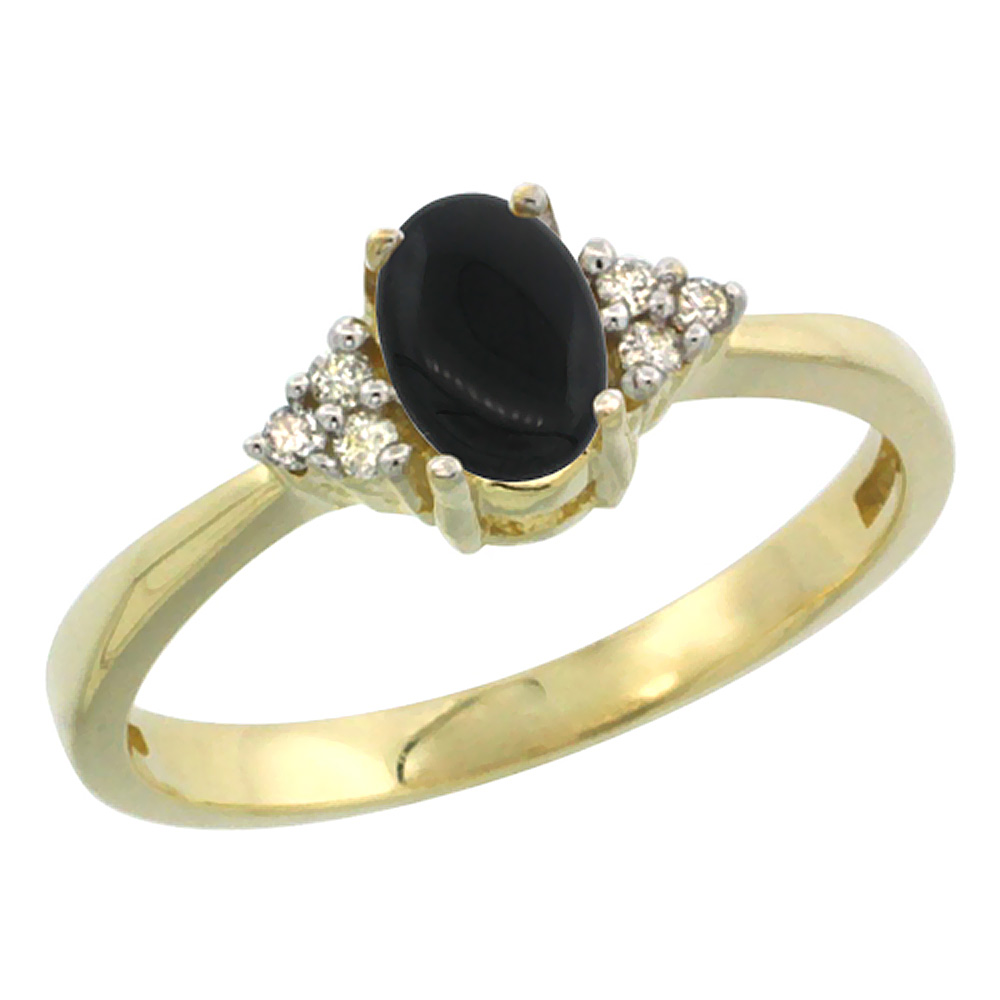 14K Yellow Gold Natural Black Onyx Ring Oval 6x4mm Diamond Accent, sizes 5-10