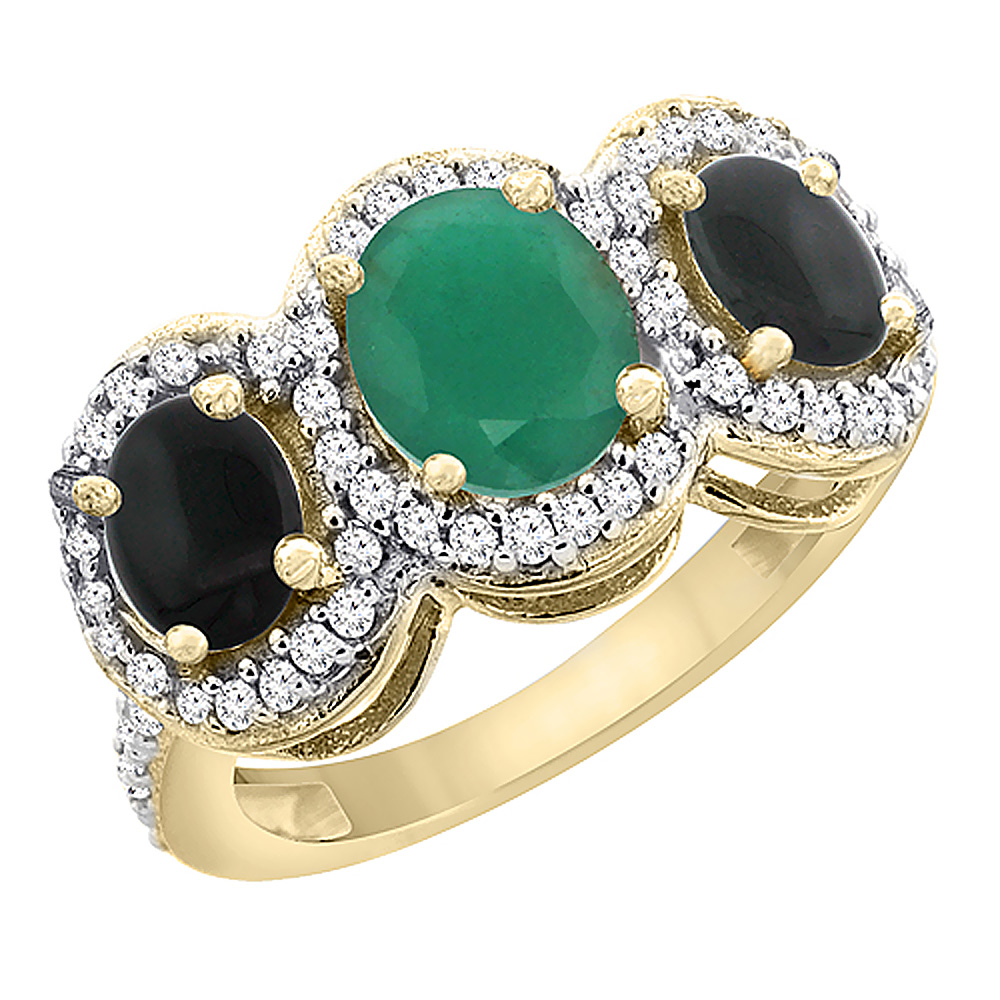 14K Yellow Gold Natural Quality Emerald & Black Onyx 3-stone Mothers Ring Oval Diamond Accent, size5 - 10