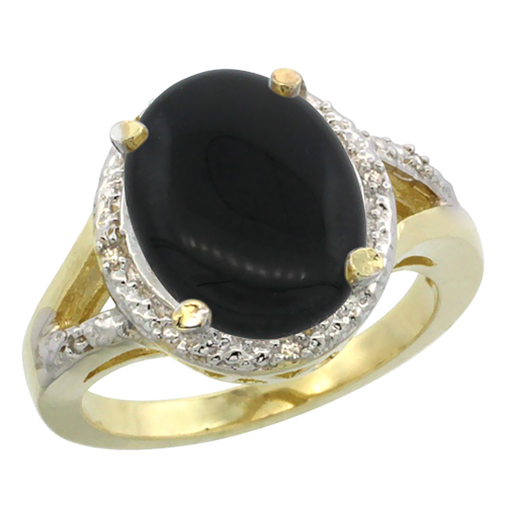 14K Yellow Gold Natural Onyx Ring Oval 12x10mm Diamond Accent, sizes 5-10