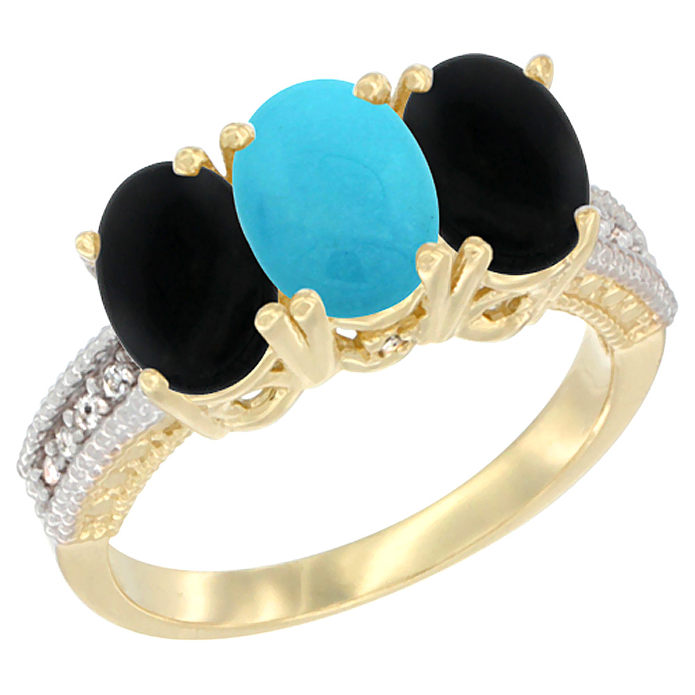 14K Yellow Gold Natural Turquoise & Black Onyx Sides Ring 3-Stone 7x5 mm Oval Diamond Accent, sizes 5 - 10