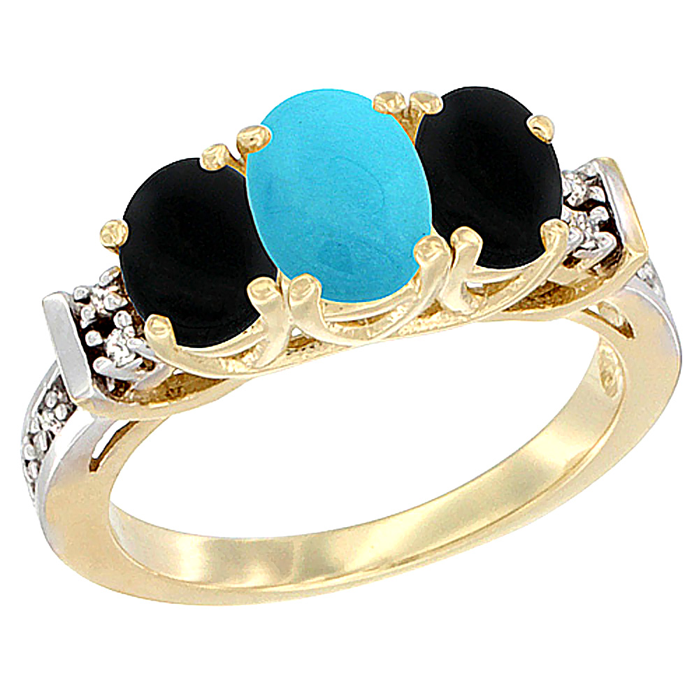 14K Yellow Gold Natural Turquoise & Black Onyx Ring 3-Stone Oval Diamond Accent