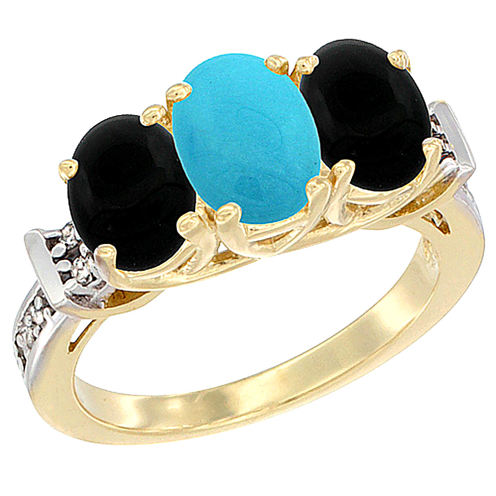 10K Yellow Gold Natural Turquoise & Black Onyx Sides Ring 3-Stone Oval Diamond Accent, sizes 5 - 10