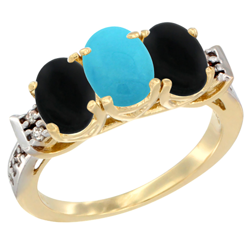 14K Yellow Gold Natural Turquoise & Black Onyx Sides Ring 3-Stone Oval 7x5 mm Diamond Accent, sizes 5 - 10