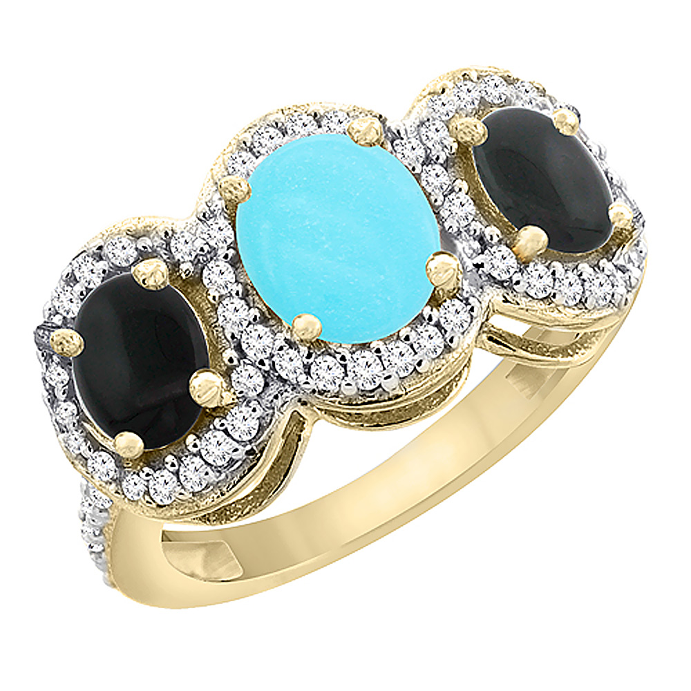 14K Yellow Gold Natural Turquoise & Black Onyx 3-Stone Ring Oval Diamond Accent, sizes 5 - 10
