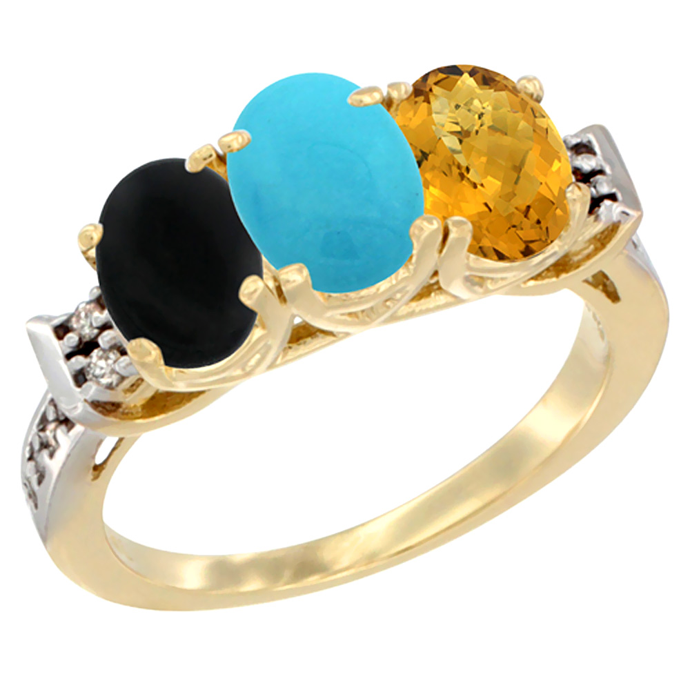 10K Yellow Gold Natural Black Onyx, Turquoise &amp; Whisky Quartz Ring 3-Stone Oval 7x5 mm Diamond Accent, sizes 5 - 10