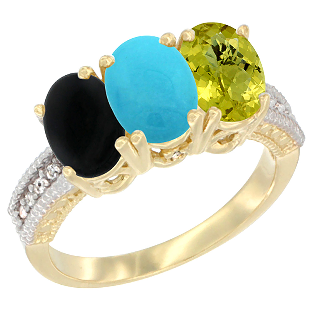 14K Yellow Gold Natural Black Onyx, Turquoise &amp; Lemon Quartz Ring 3-Stone 7x5 mm Oval Diamond Accent, sizes 5 - 10