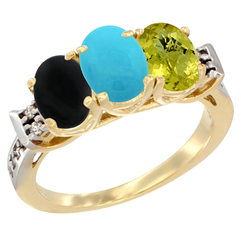 10K Yellow Gold Natural Black Onyx, Turquoise &amp; Lemon Quartz Ring 3-Stone Oval 7x5 mm Diamond Accent, sizes 5 - 10