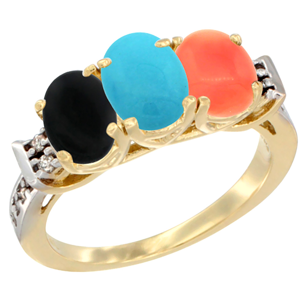 10K Yellow Gold Natural Black Onyx, Turquoise &amp; Coral Ring 3-Stone Oval 7x5 mm Diamond Accent, sizes 5 - 10